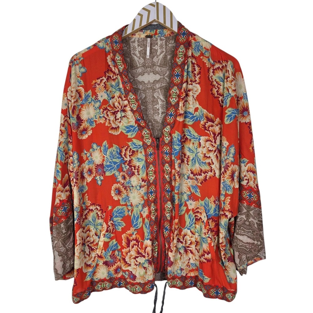 FREE PEOPLE Wildflower Kimono Jacket Womens XS Orange Floral Boho Zip Pockets